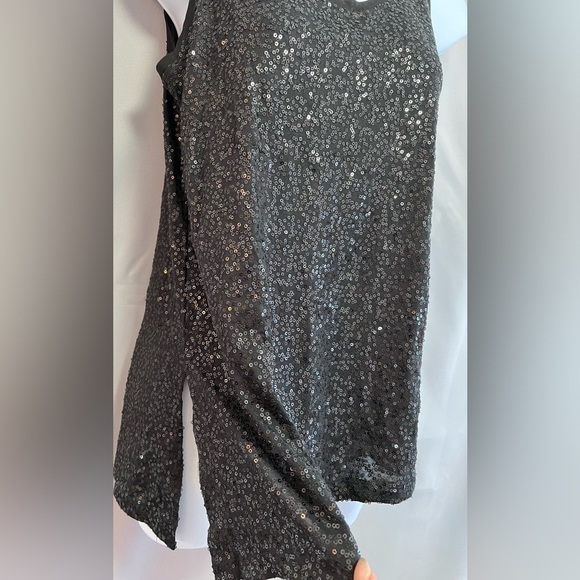 Eileen Fisher Black Silk Stretch Sequin Asymmetrical Tank w/Side Slit Sz PP - Picture 4 of 13